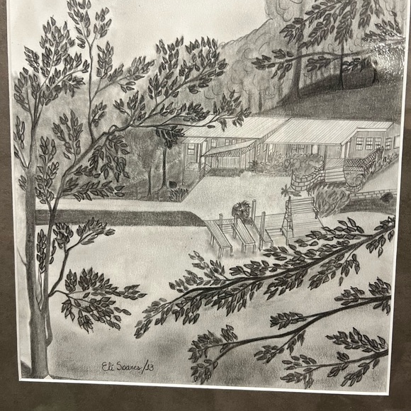 Vintage wooden Framed Signed by Artis lanscape - Artchitecture drawing 21” paper - Picture 4 of 12